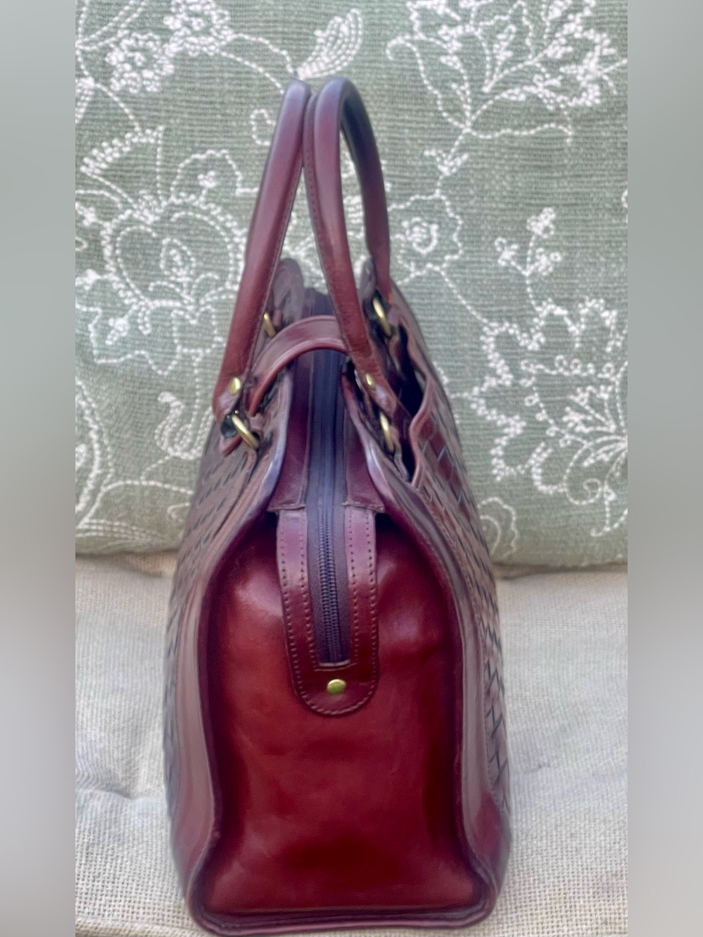 RARE Vintage Brahmin Woven Leather Satchel Handbag - Oxblood Burgundy - Picture 3 of 8